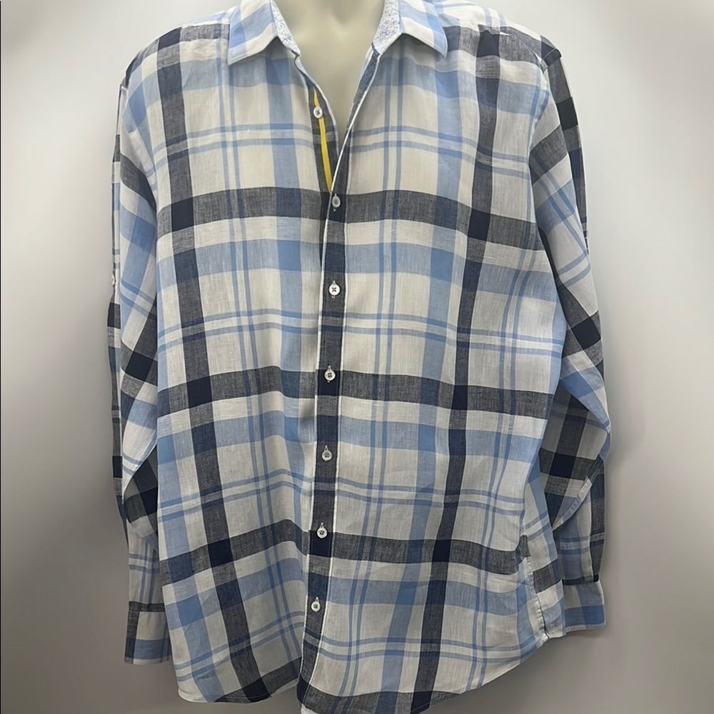 Bugatchi Linen Blend Plaid Blue and White Casual Button Down Shirt